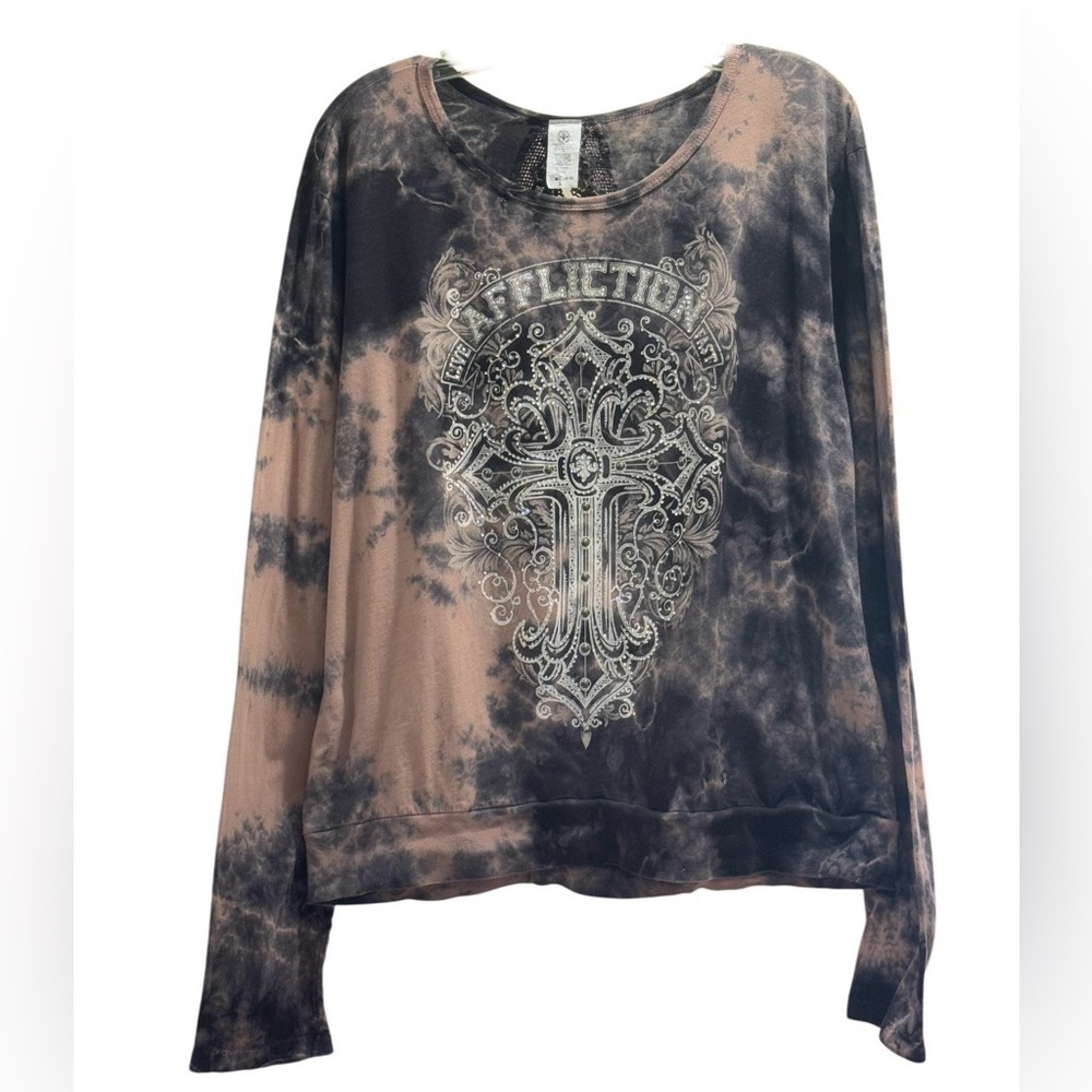 Affliction Tie Dye Orange/Black Women's Long Sleeve Backless Shirt Size Large
